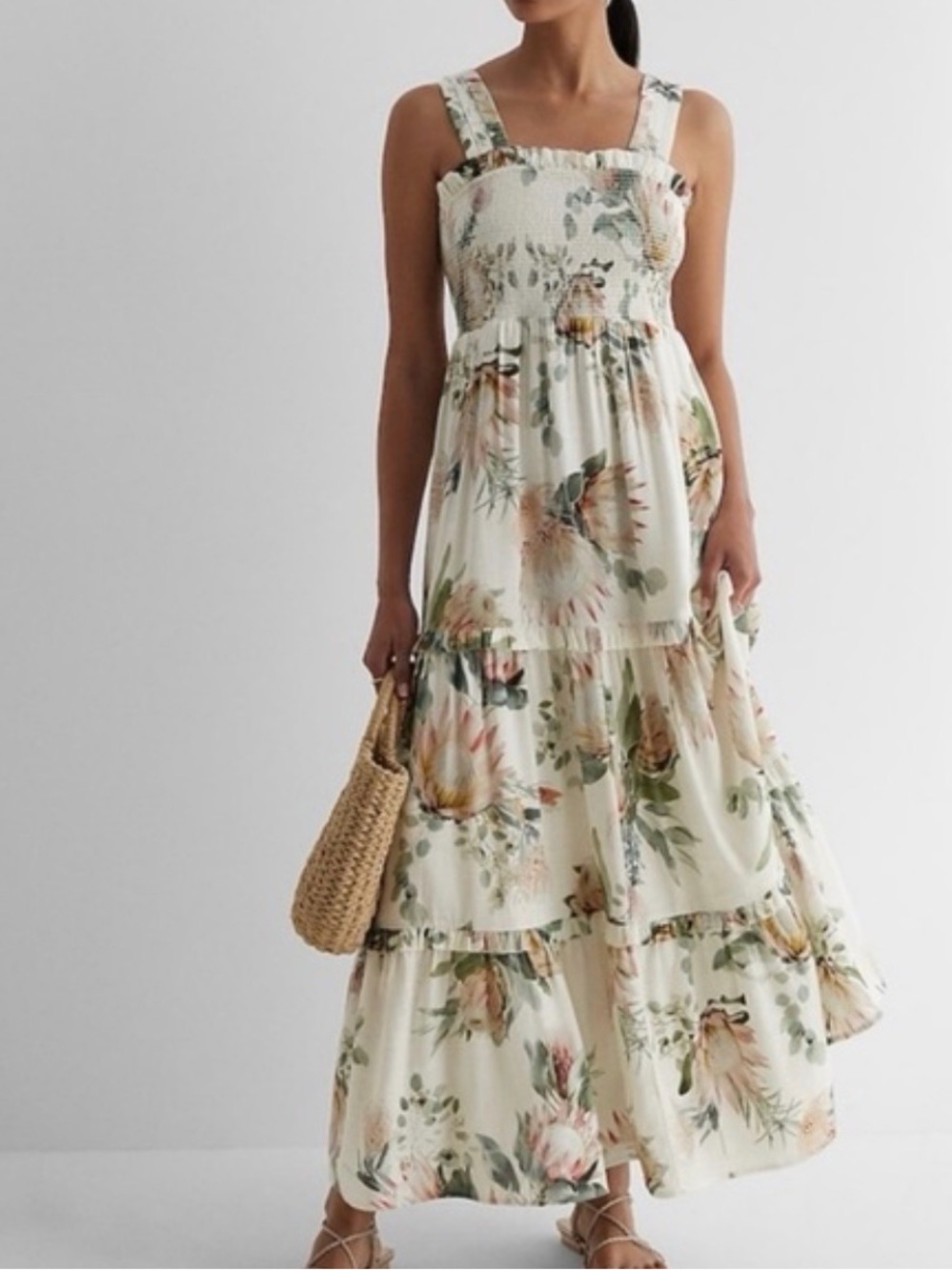 Express Linen Bland Floral Smocked Tiered Maxi Dress Size L